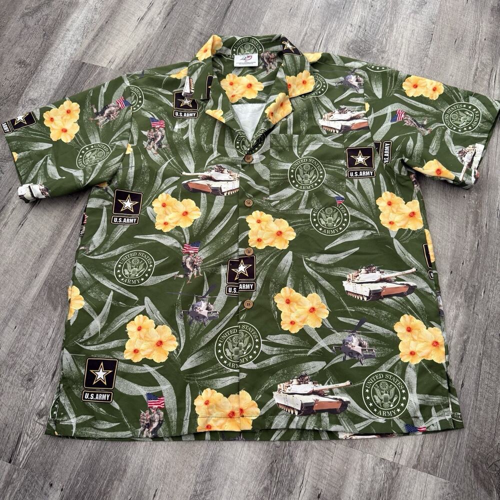 AE Sport US Army Hawaiian Shirt Mens XL USA Floral Military Tanks Button Up